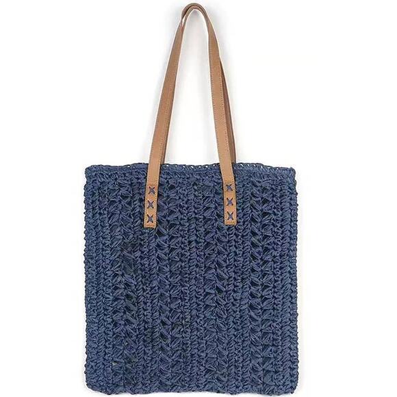 Handwoven Lightweight Woven Tote Paper Straw Navy Tan - Picture 1 of 3